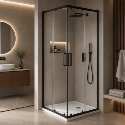 OR2300 CORNER ENTRANCE SHOWER CABIN CLEAR GLASS WITH BLACK FRAME HEIGHT 200CM