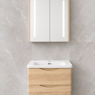 SHO0005 ELEKTRA 603 WALL HUNG BASIN FURNITURE WITH BASIN AND LED ANTI-FOG CABINET MIRROR 600X500X515